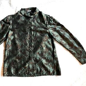 Tahari 100% Silk Blouse Button Up Shirt Dragon Print Asian Mandarin Med 12 Korea